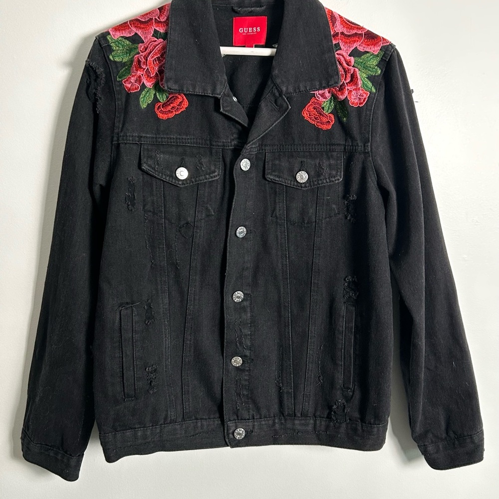 Guess Isabella Black Jean Jacket with  Red Floral Embroidered Roses